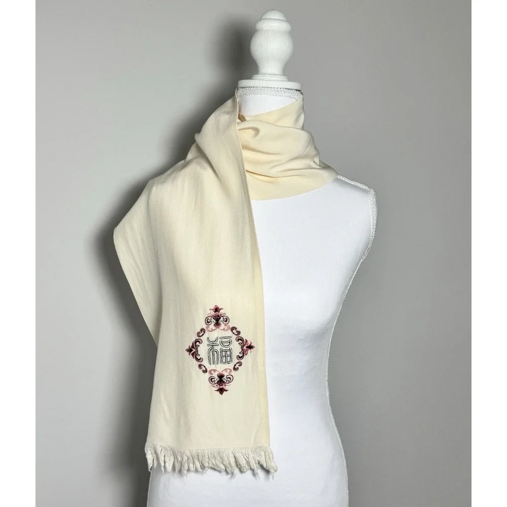 Vintage Embroidered Silk Scarf Fringe Boho Cottagecore Folk Art Cream Minimalist